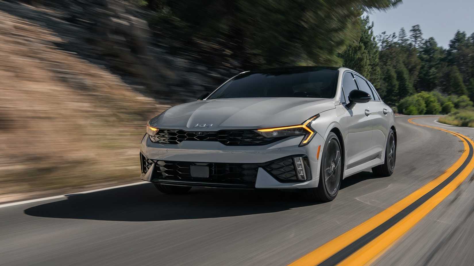 2025 Kia K5 Gray Front Angle Driving