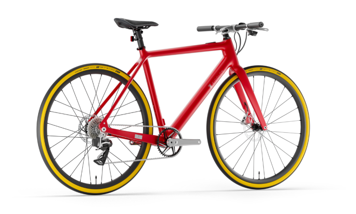 Ponomarets EIDOLON bespoke ebike in red, right rear three-quarter view.