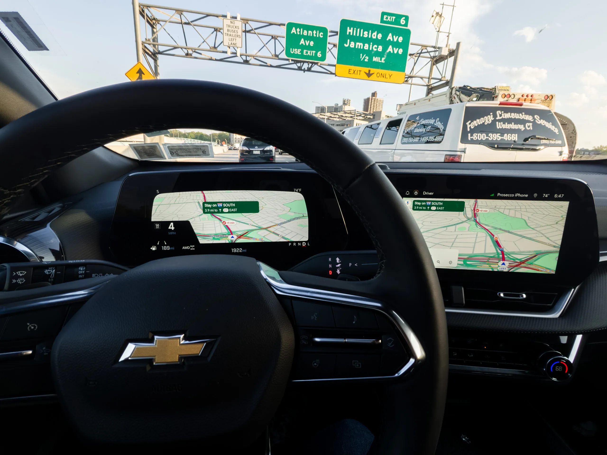 Google Maps in full screen on the driver's second display and on the main display on the Chevy Equinox 2025