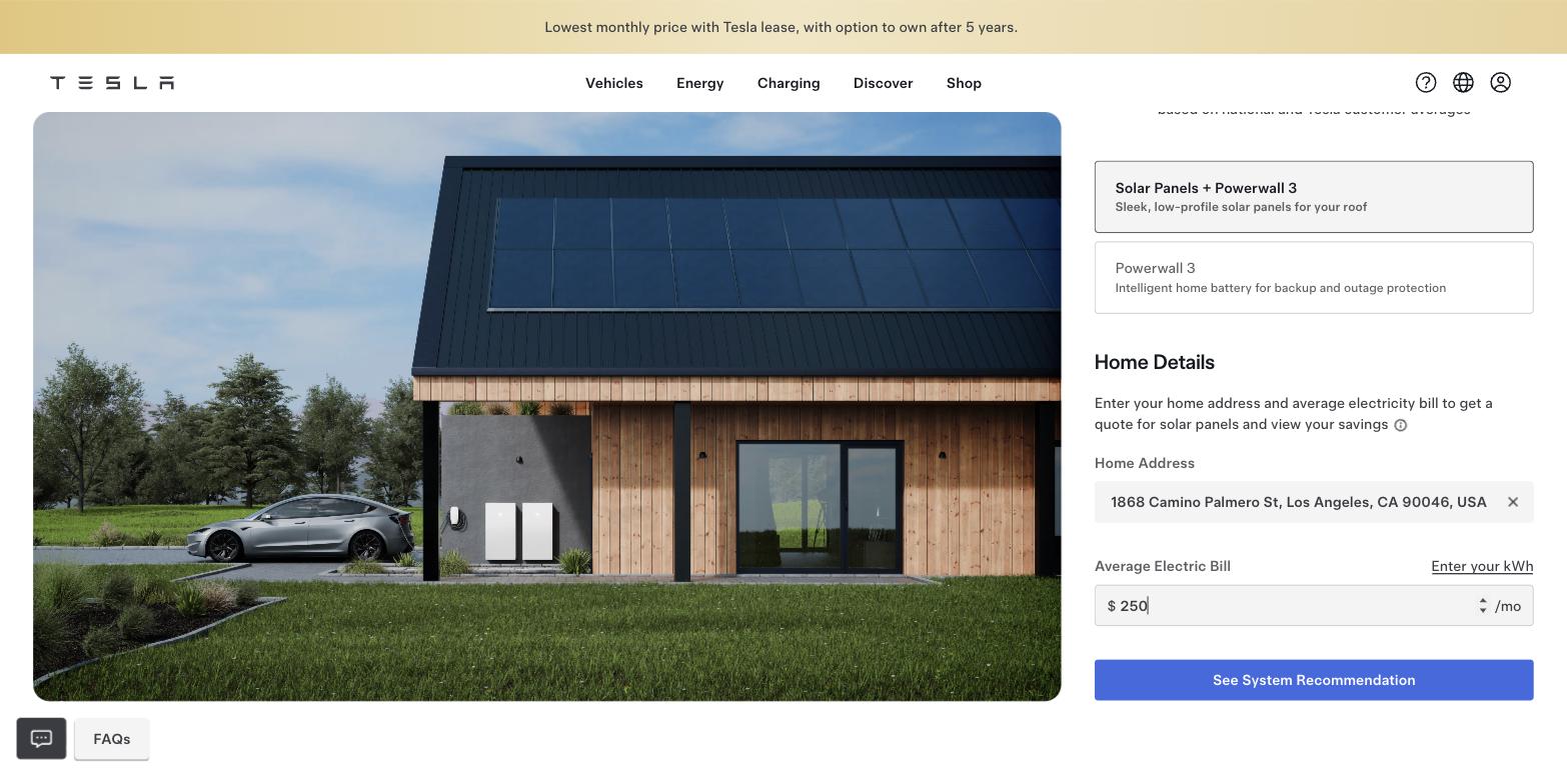 أداة تصميم Tesla الشمسية تعرض حزمة الألواح الشمسية و Powerwall 3