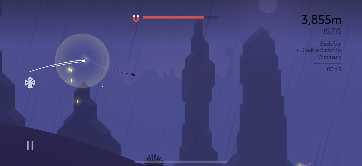 Screenshot of Alto's Odyssey using a wing suit to fly over the dunes and chaining backflips together