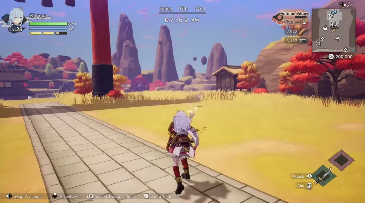 A white haired woman runs through a yellow field with orange, red, and yellow trees in the foreground