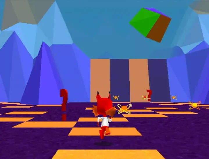 Bubsy runs through a 3D world in Bubsy 3D.
