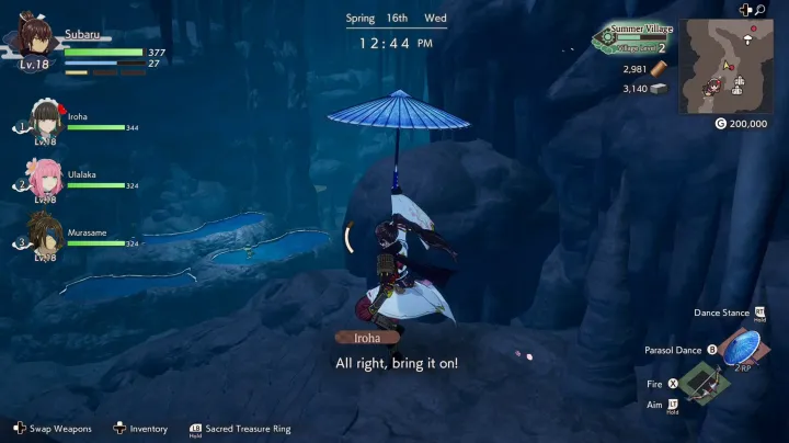 A black haired main floating slowly in the air using a blue parasol while inside a large cavern