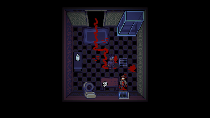 A man walks into a blood-filled bathroom in Look Outside.