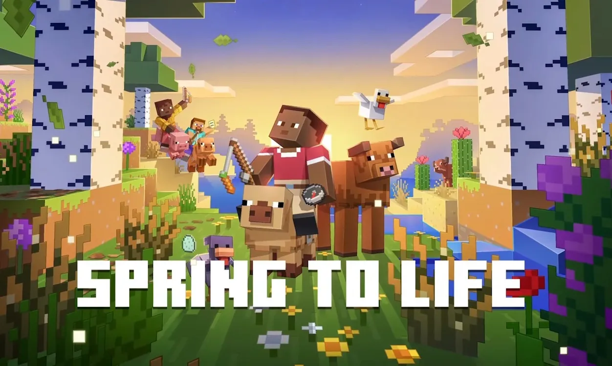minecraft spring to life drop with players, cows, chickens, and more