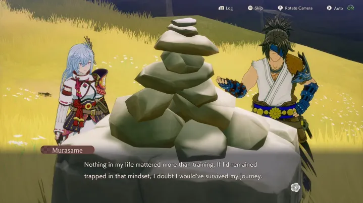 Two figures standing next to each other in front of a grave. Dialogue reads