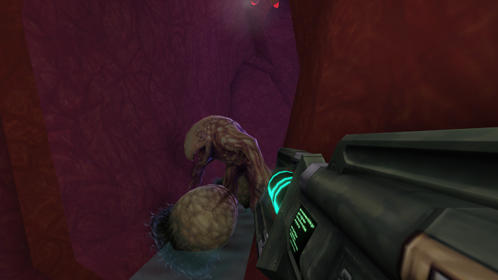 A character holds a giant gun out towards an alien in System Shock 2's remaster.