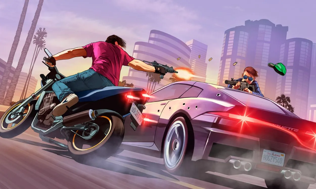 GTA Online art with character in a drive-by