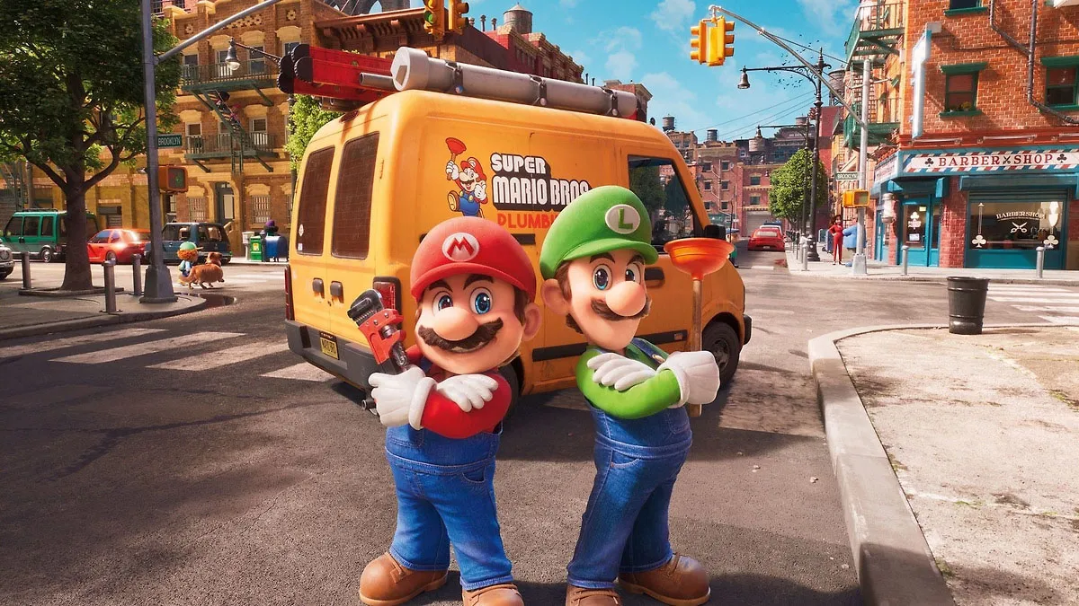The Mario Bros pose in a pic from The Super Mario Bros. Movie.
