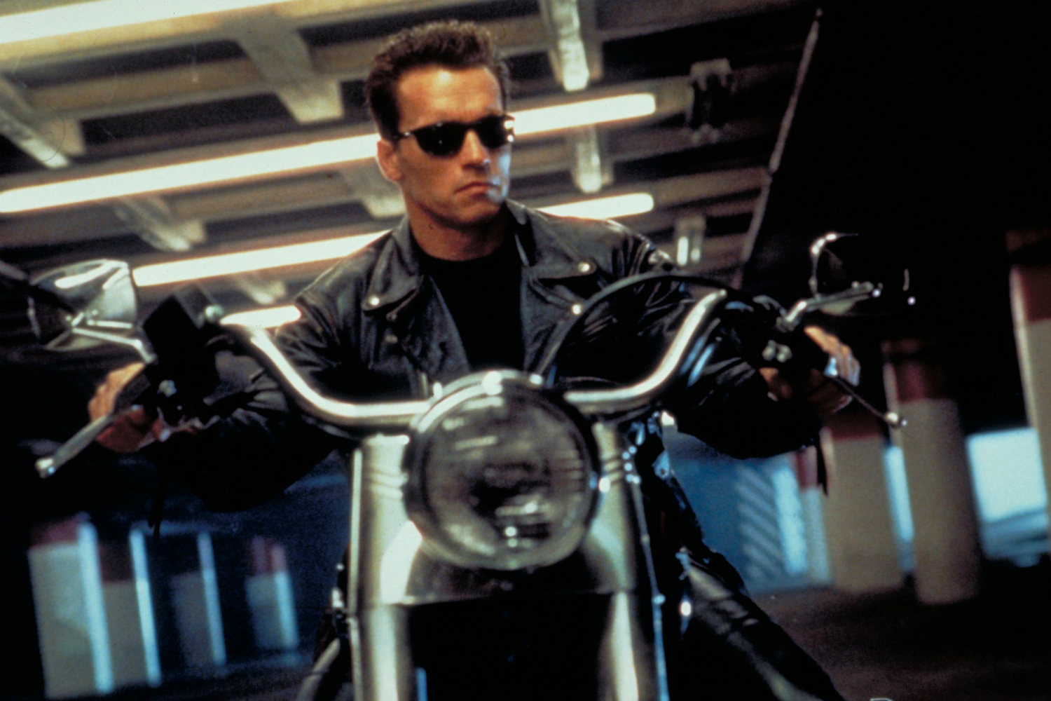 Arnold Schwarzenegger riding a motorcycle in "Terminator 2: Judgement Day."