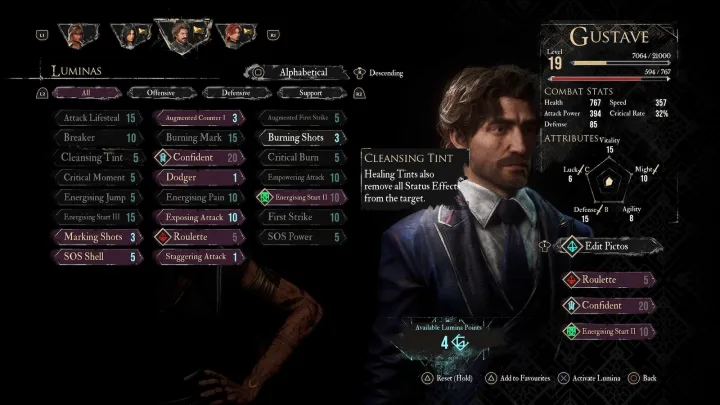 Gustave Luminas menu in Clair Obscur Expedition 33.