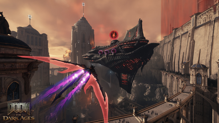 A draghon flies towards an alien ship in Doom: The Dark Ages.