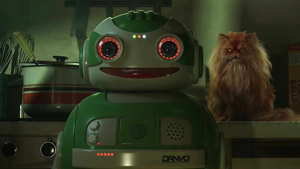 A green robot smiles with a menacing cat behind it in Love, Death & Robots on Netflix.