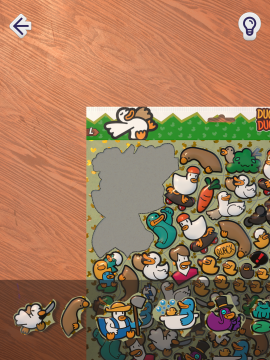A puzzlkke in Puffies shows a sticker sheet full of ducks.