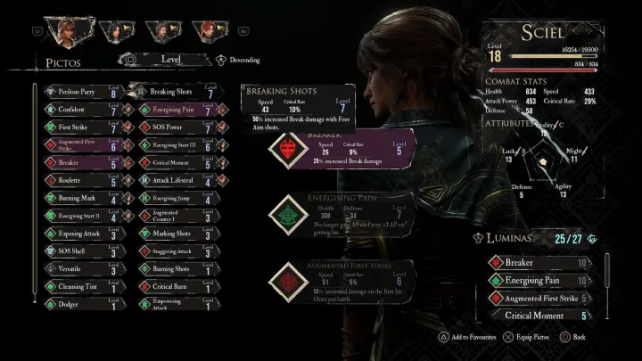 Sciel Pictos menu in Clair Obscur Expedition 33