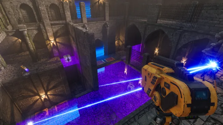 First person view overlooking the interior of a church covered with lasers.