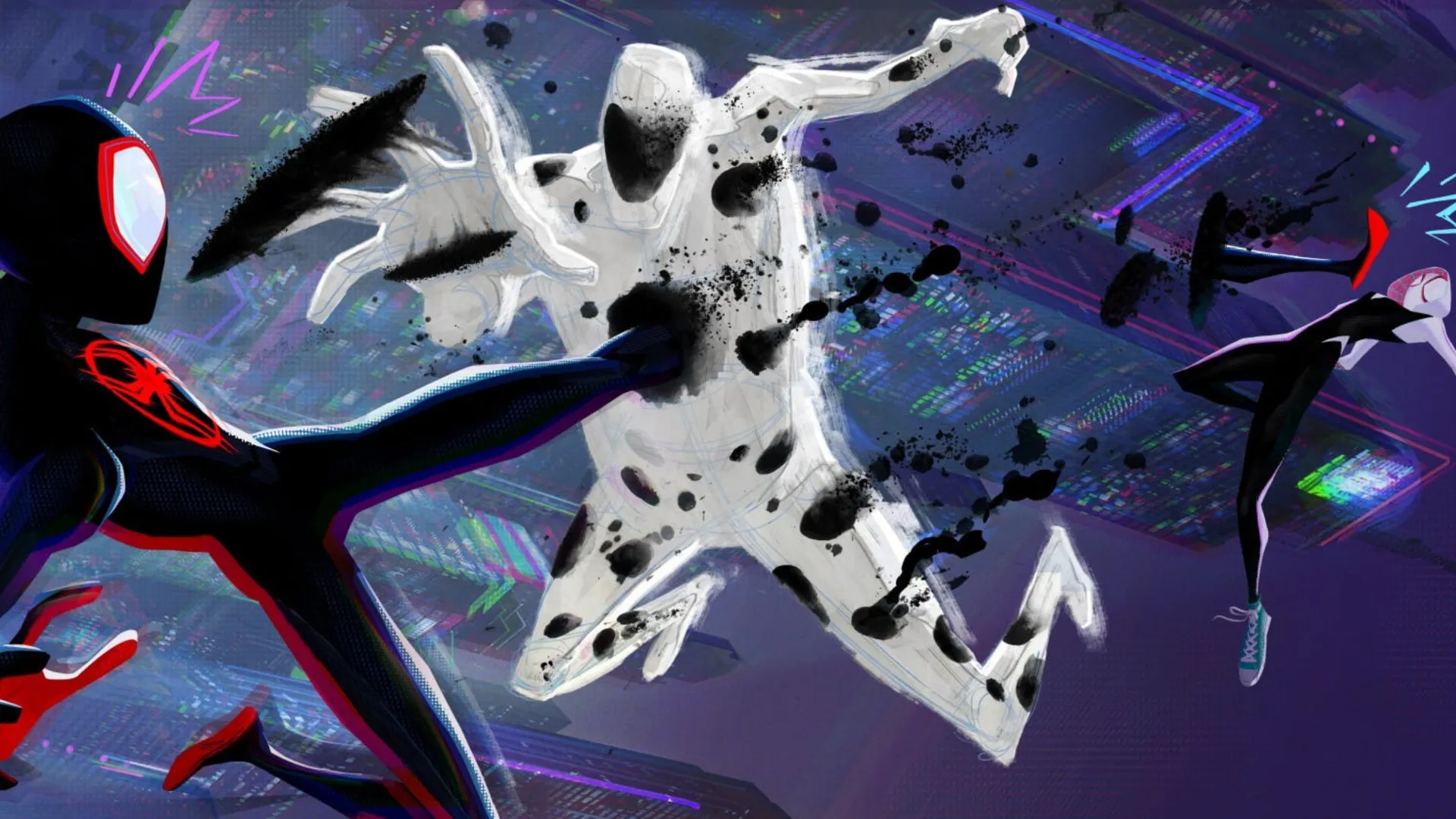 Spider-Man and Spider-Woman fighting Spot in "Spider-Man: Across the Spider-Verse."