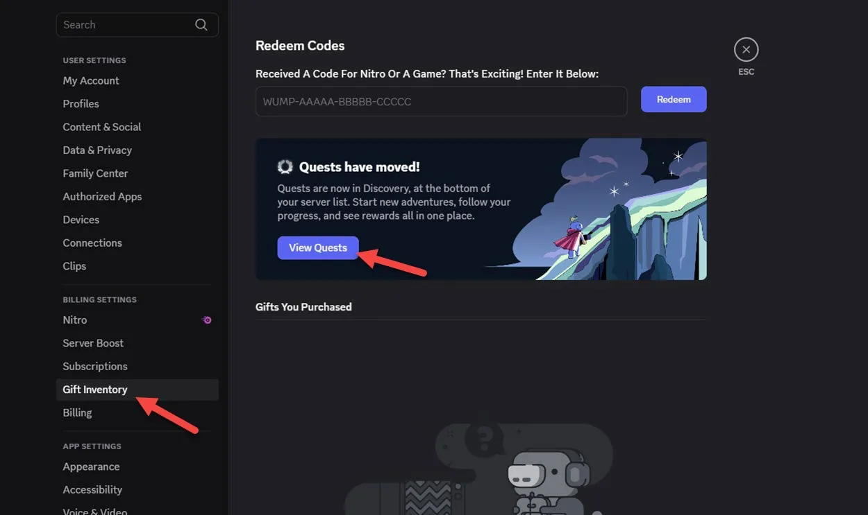 Quest option in Discord
