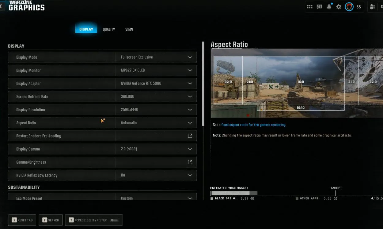 PC Settings menu in Warzone