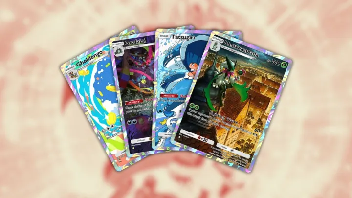 Gholdengo, Grafaiai, Tatsugiri, and Meowscarada cards in Pokémon TCG Pocket.