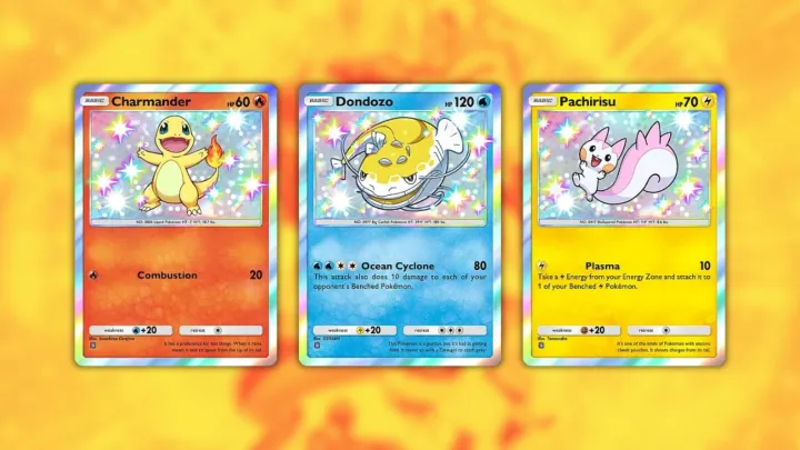 Shiny Charmander, Dondozo, and Pachirisu in Pokémon TCG Pocket.