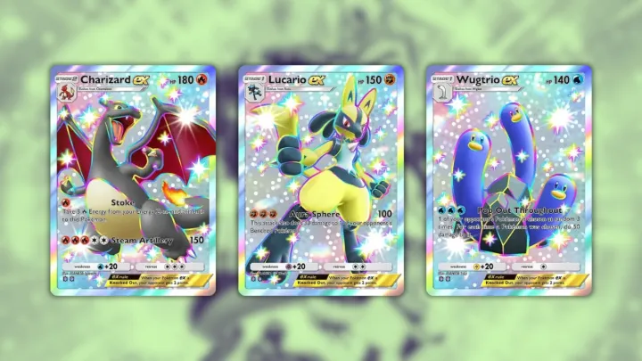 Shiny Charizard, Lucario, and Wugtrio in Pokémon TCG Pocket.