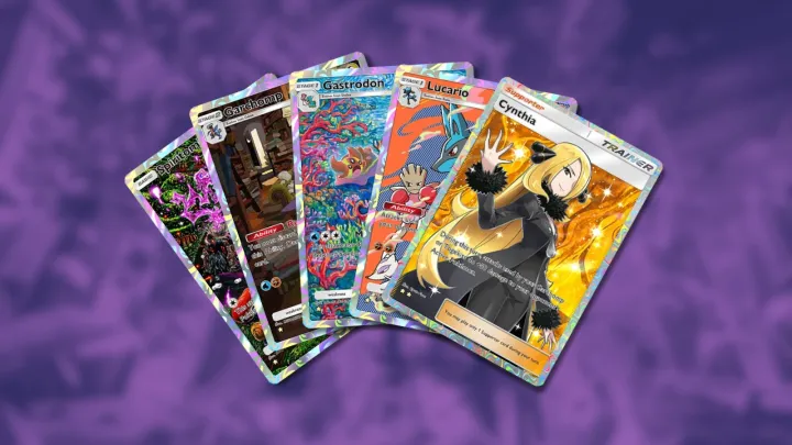 Spiritomb, Garchomp, Gastrodon, Lucario, and Cynthia in Pokemon TCG Pocket.