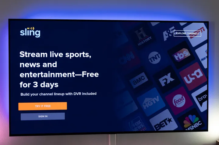 Sling TV login screen on a TV.