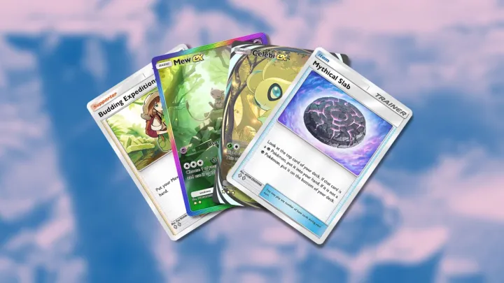 Budding Expeditioner, Mew ex, Celebi ex, and Mythical Slab in Pokemon TCG Pocket.