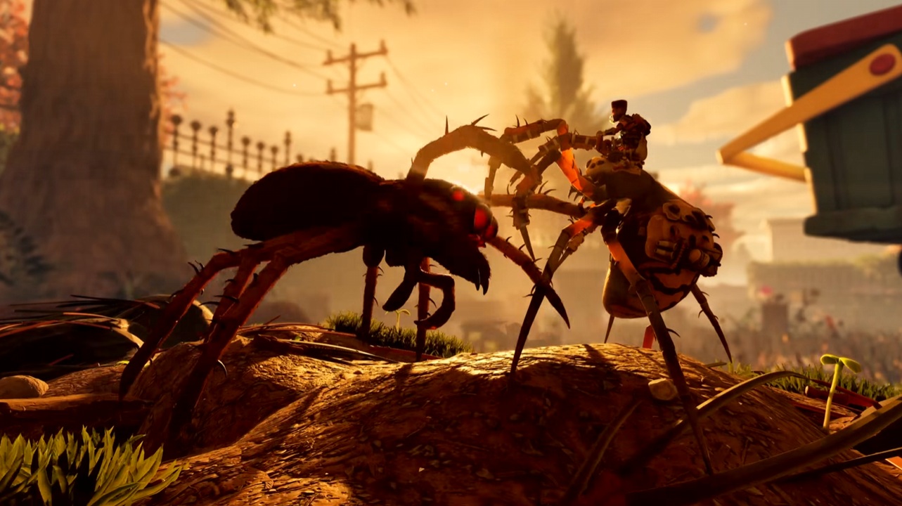 A spider attacking another spider with a tiny teenager on top of it