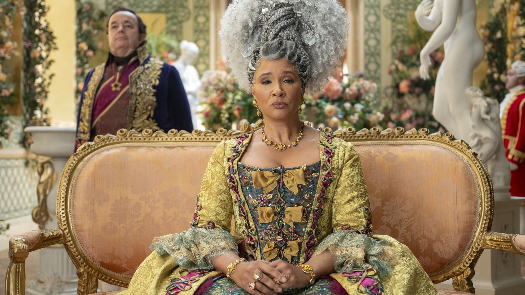 Hugh Sachs as Brimsley, Golda Rosheuvel as Queen Charlotte in episode 403 of Bridgerton