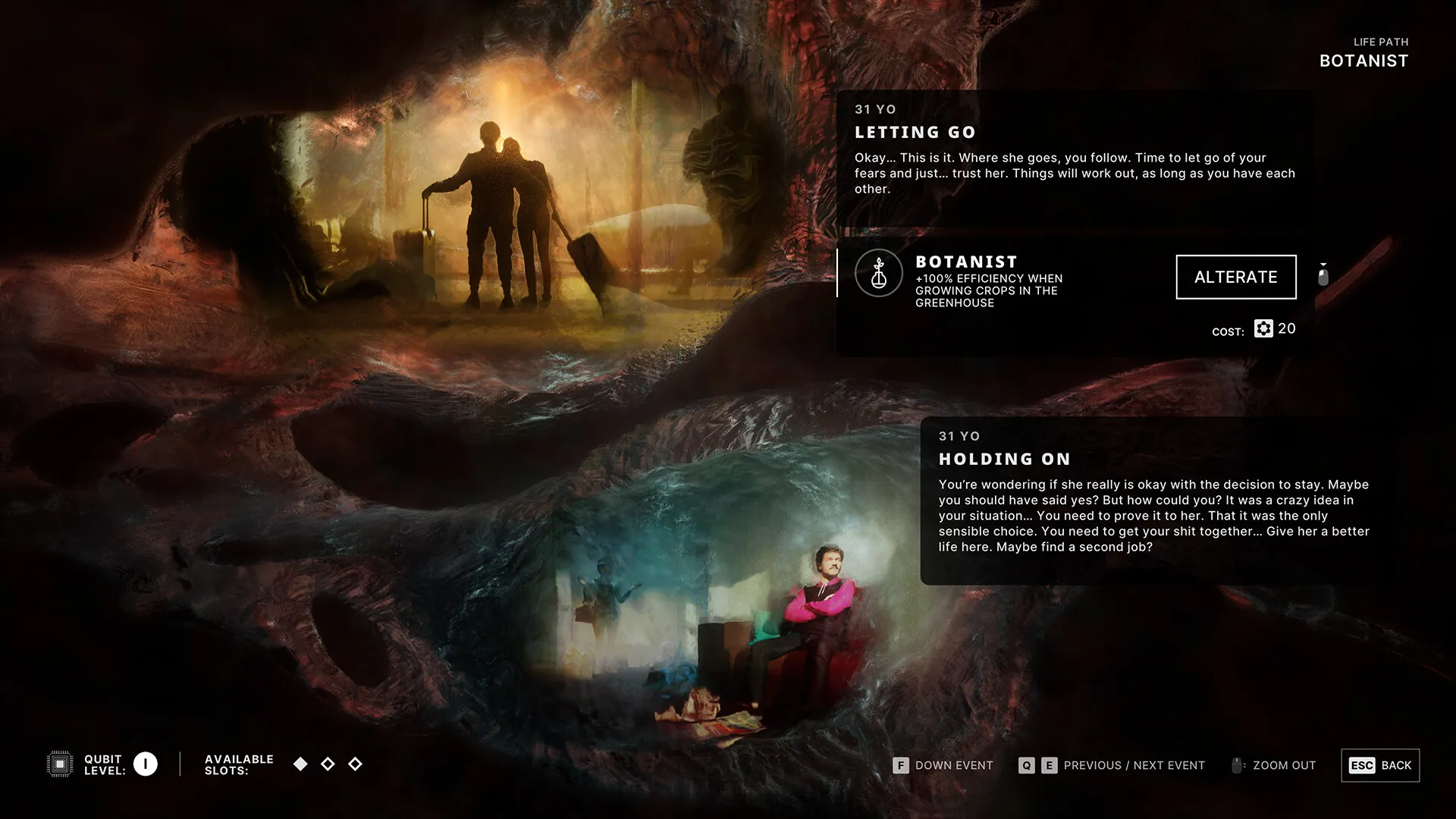 A branching life choice in The Alters.