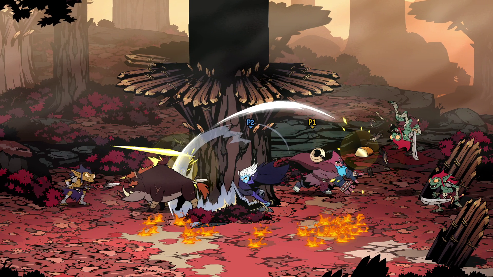 Two heroes slash through enemies in Absolum.