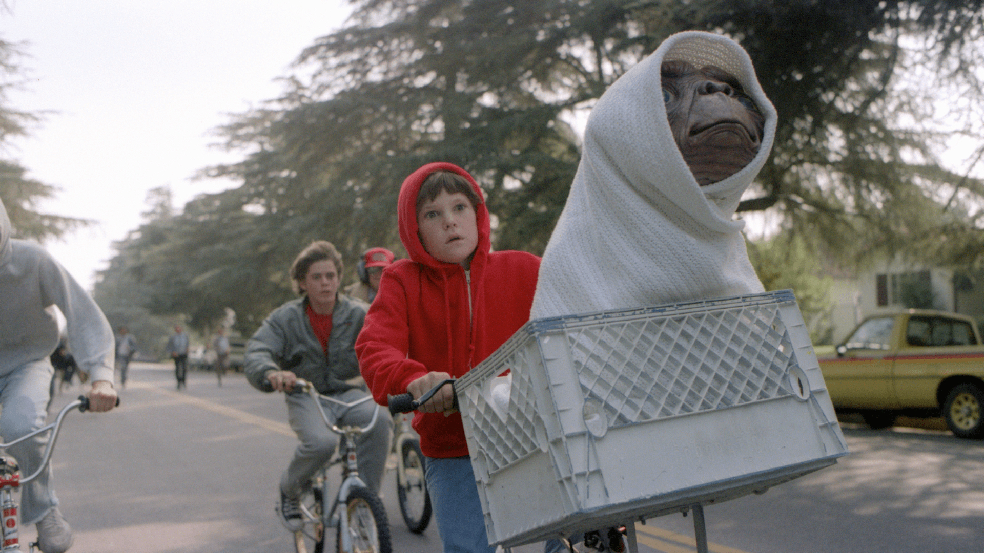 Elliot and his friends riding bikes in "E.T. the Extra-Terrestrial."