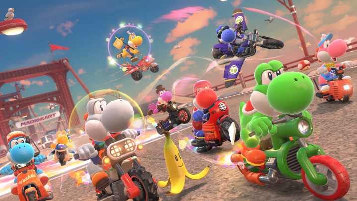 A pack of Yoshi race in Mario Kart World.