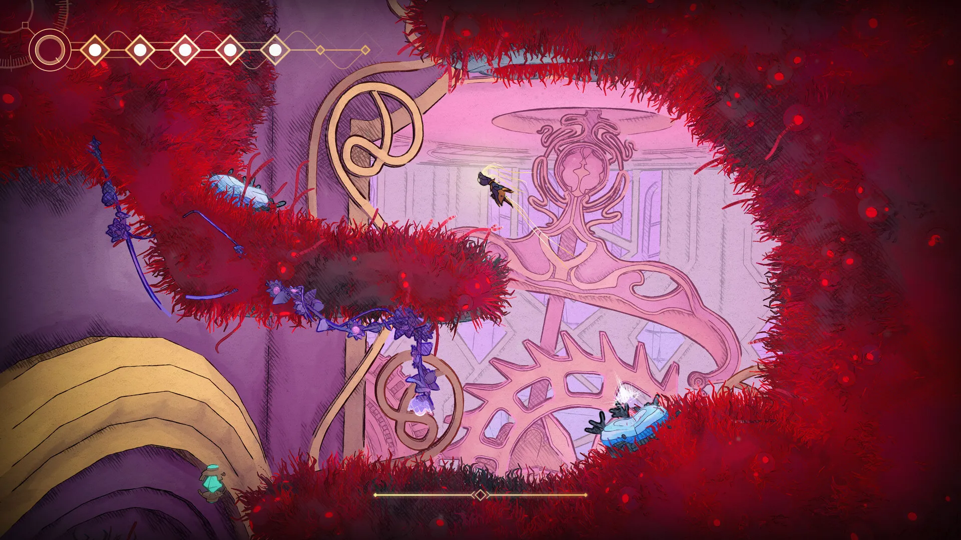 A character platforms around red obstacles in Mio: Memories or Orbit.