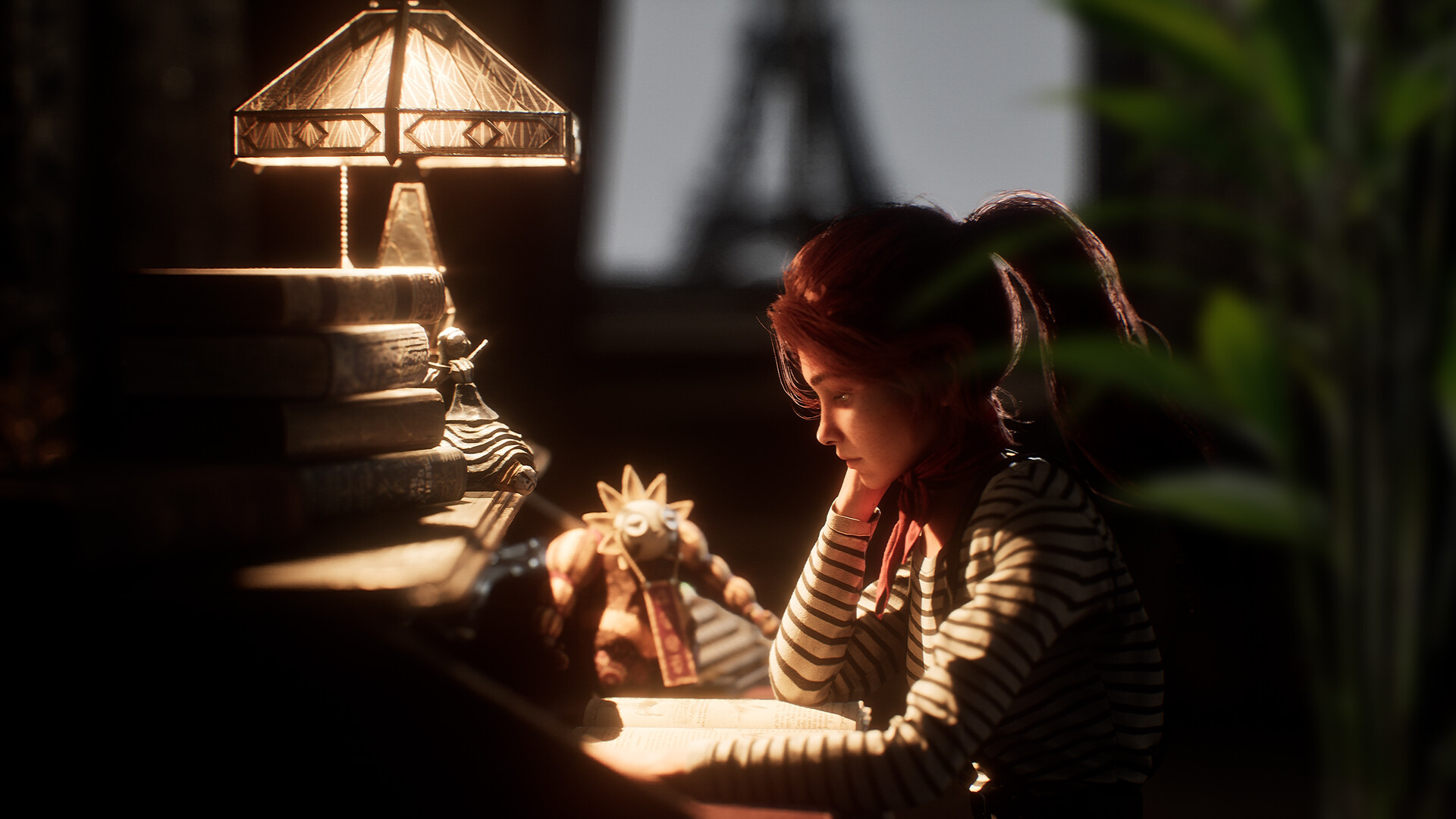 A girl with red hair leans on a desk, looking sad.