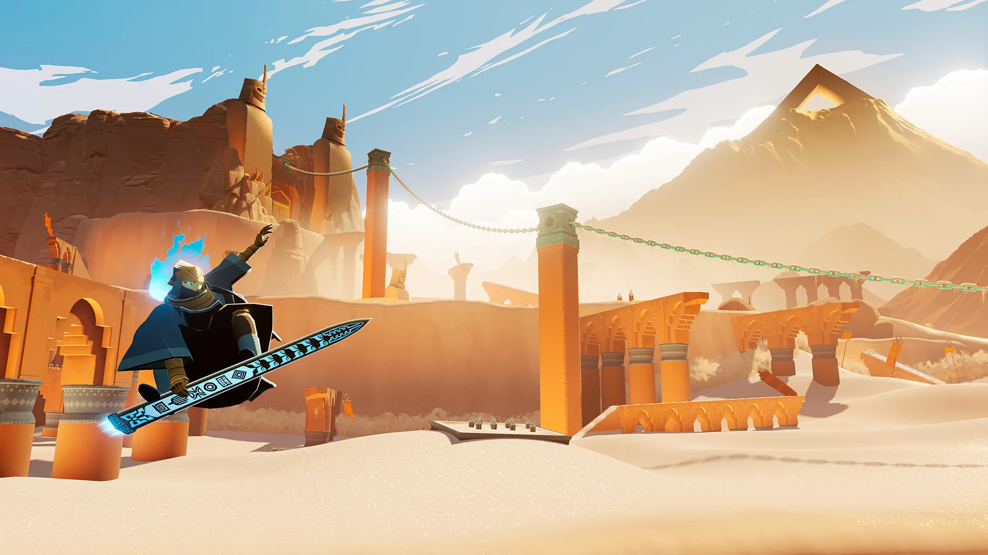 A character surfs on sand dunes in Sword of the Sea.