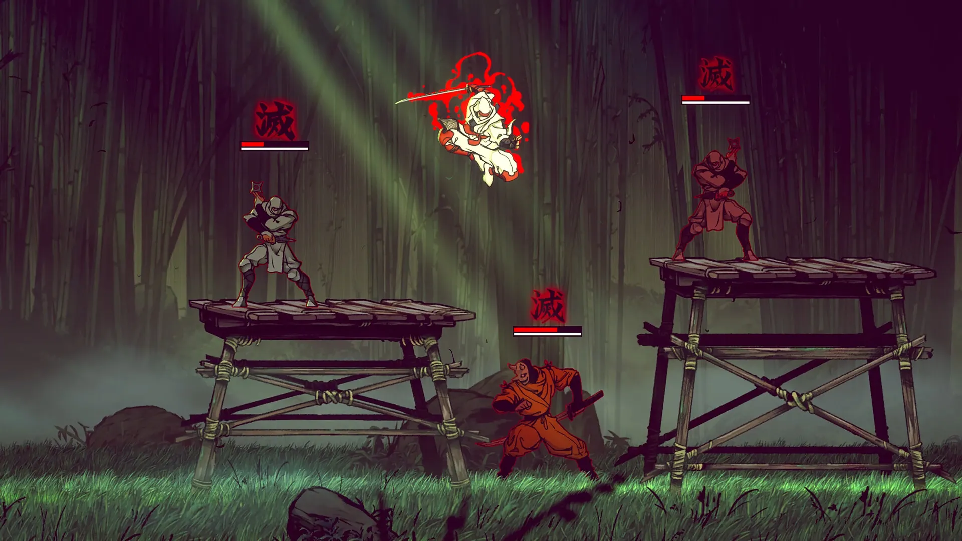 A ninja jumps over enemies in Shinobi: Art of Vengeance.