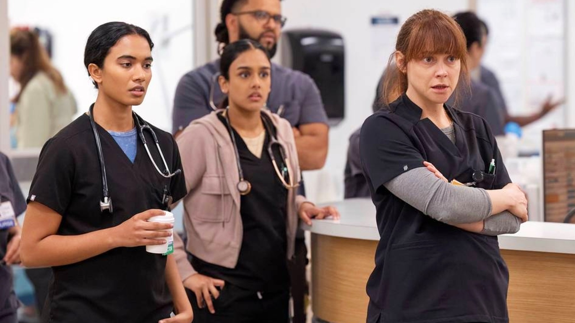 Supriya Ganesh, Shabana Azeez, Brandon Mendez Homer, Fiona Dourif in The Pitt