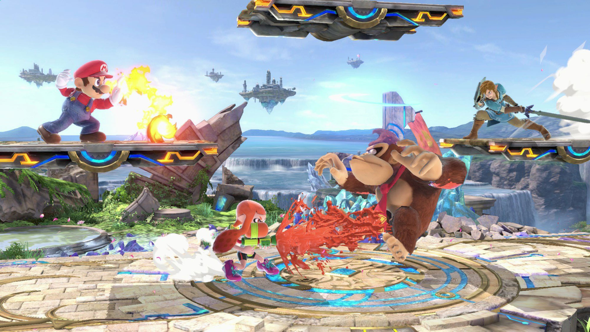 Mario, an Inkling, Donkey Kong and Link throw down in Super Smash Bros. Ultimate