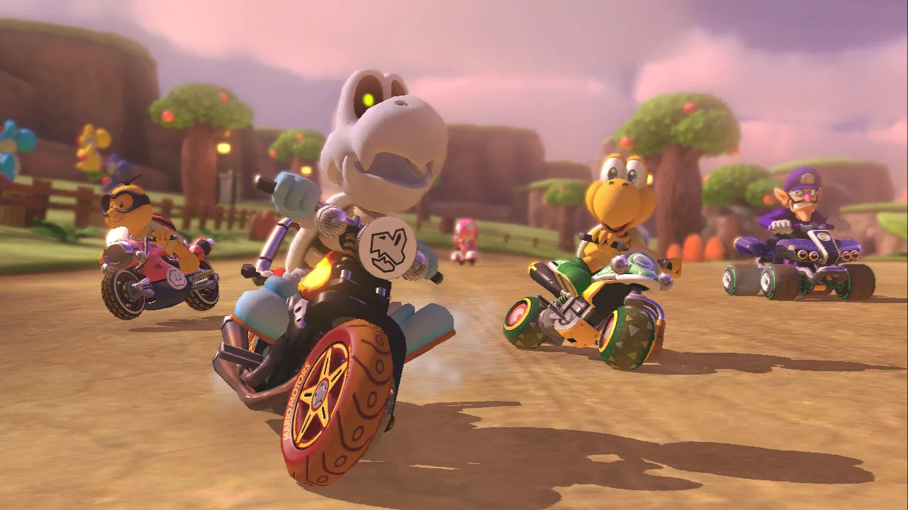 A skeleton Koopa takes the lead in Mario Kart 8 Deluxe