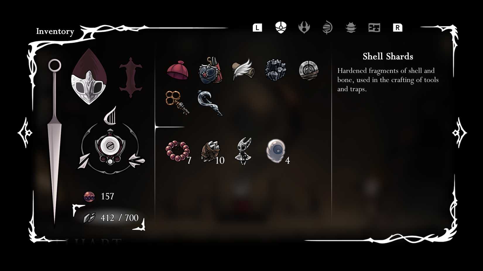 عدد شظايا الصدف لديك في قائمة Hollow Knight Silksong