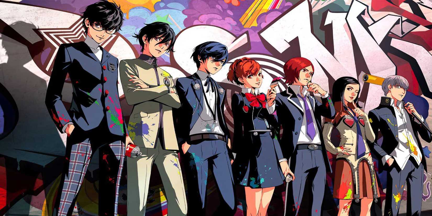 Persona series protagonists standing in front of wall graffiti-1