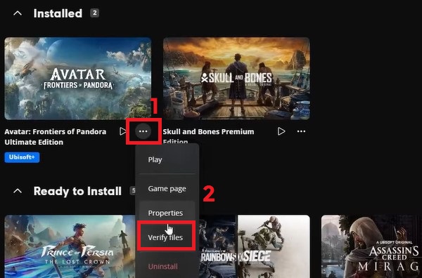 قائمة خيارات اللعبة تظهر خيار التحقق من الملفات في Ubisoft Connect
