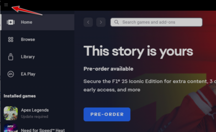 موقع أيقونة قائمة الهامبرغر في EA Play