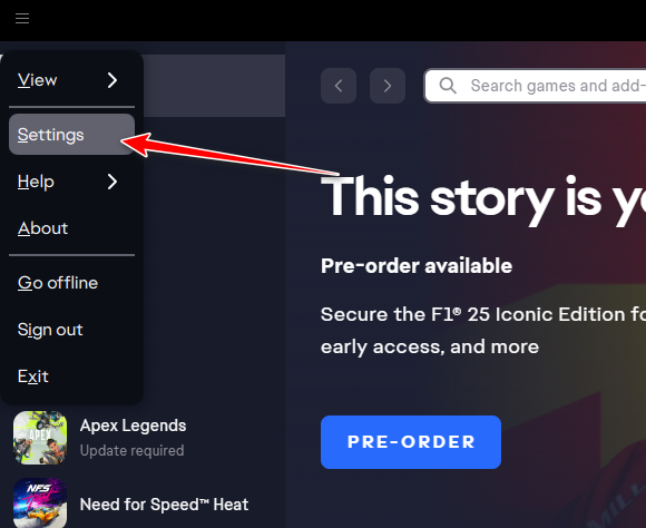 خيار الإعدادات في EA Play