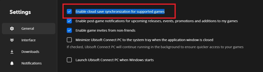 مفتاح تبديل مزامنة الحفظ السحابي في Ubisoft Connect