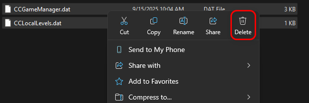 حذف ملفات حفظ Geometry Dash